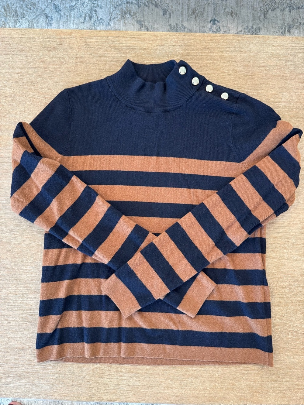Mango Navy and Brown Striped Turtleneck Sweater with Shoulder Buttons